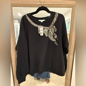 Anthropologie Crewneck Sweatshirt with Silver Sequin Bow Design Size XL NWT